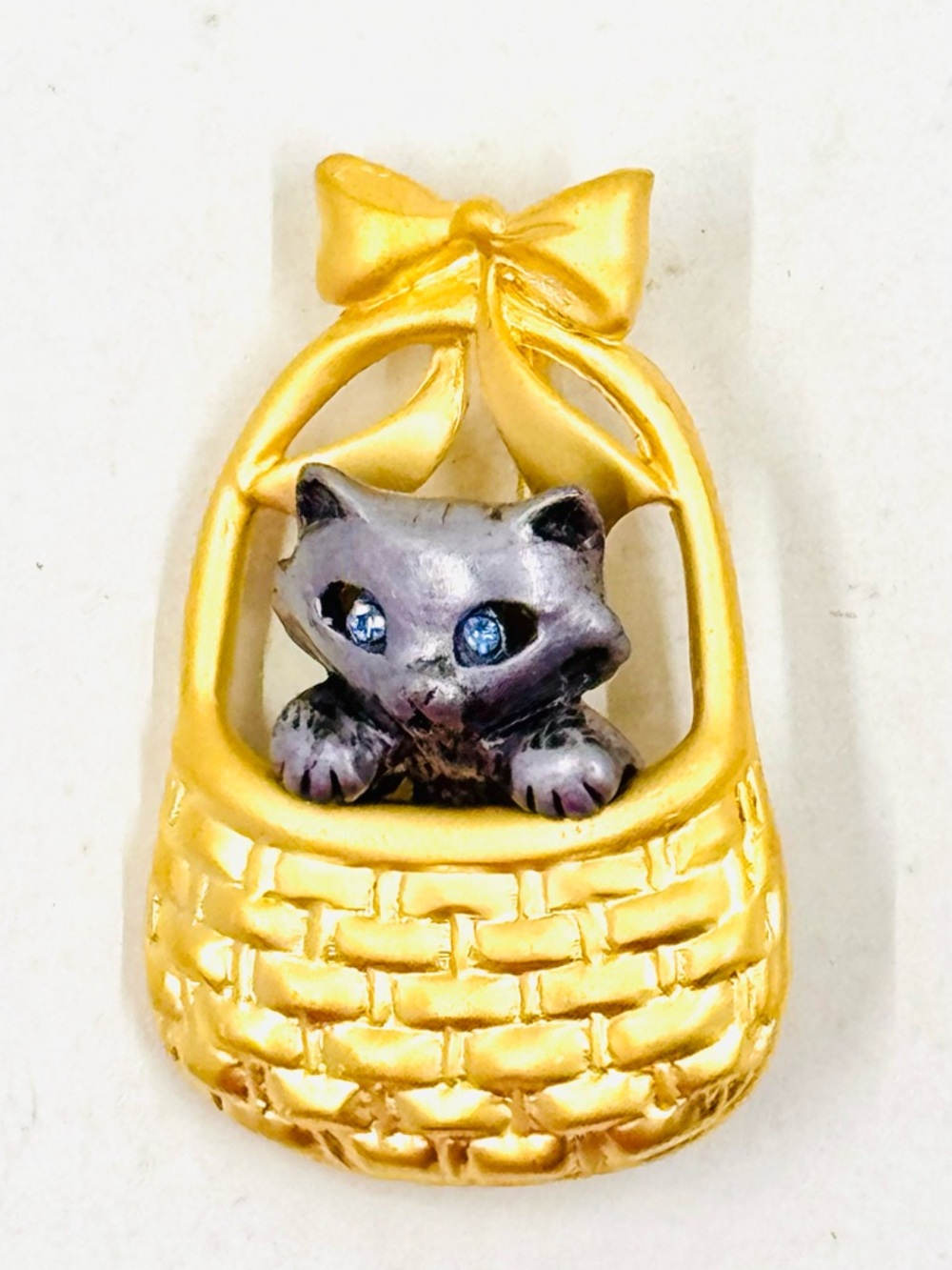 Dancraft Gold Tone Basket with Silver Tone Kitten Cat with Blue Rhinestone Eyes